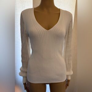 White House Black Market  Sheer Sleeve V-Neck Sweater, Sz. M